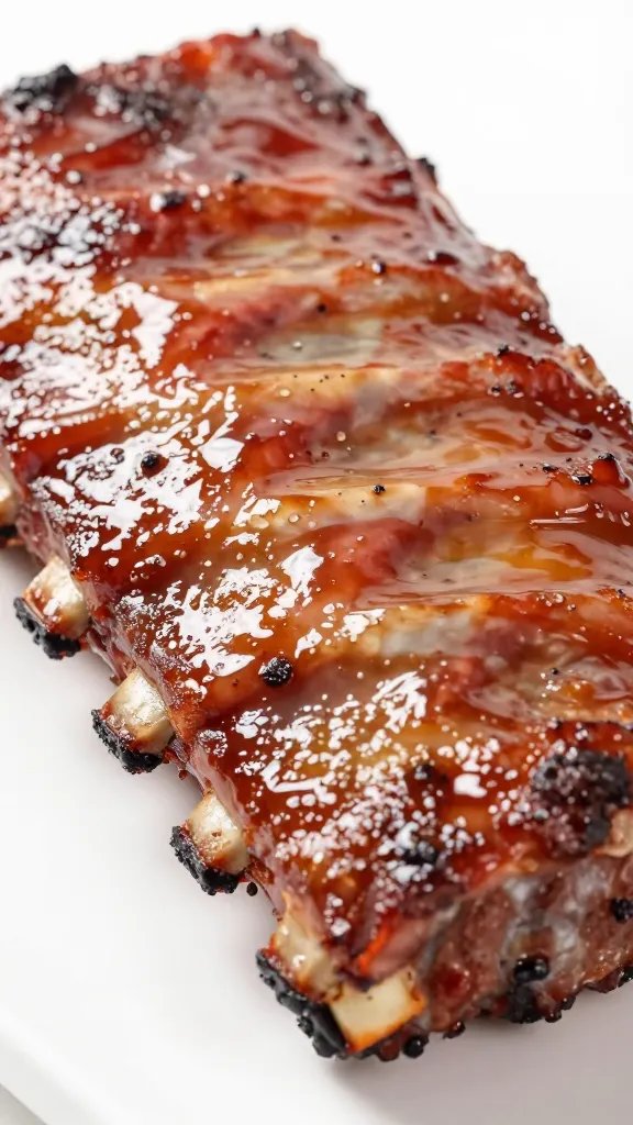 Closeup of glazed baby back rib with set bark