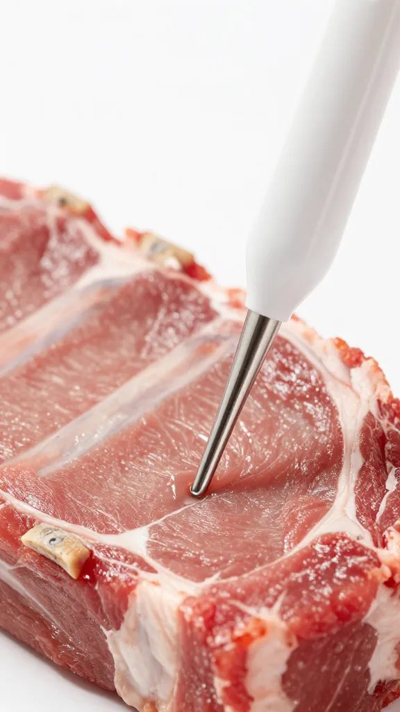 Probe thermometer tip inserted in rib meat