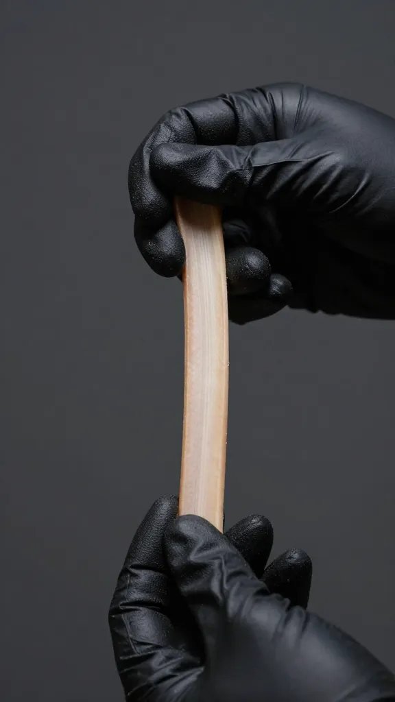 Gloved hand holding one tightened rib