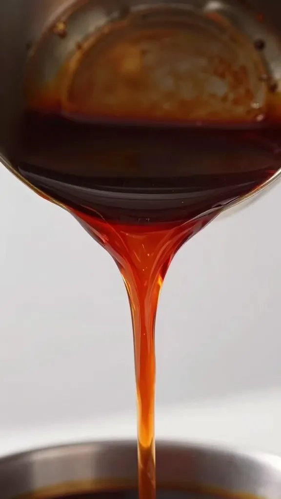 Closeup ladle pouring deep-red BBQ sauce stream