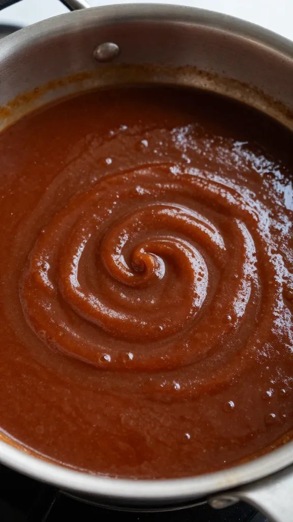 Saucepan of simmering BBQ sauce with glossy surface