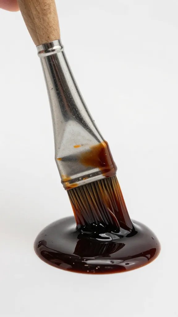 Single basting brush loaded with dark BBQ glaze