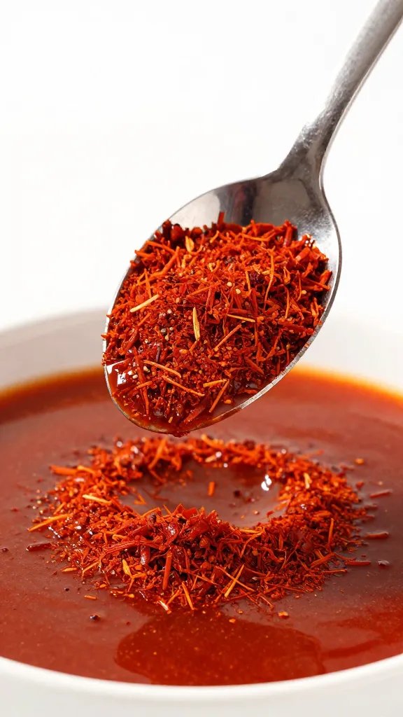 Measuring spoon of smoked paprika over sauce