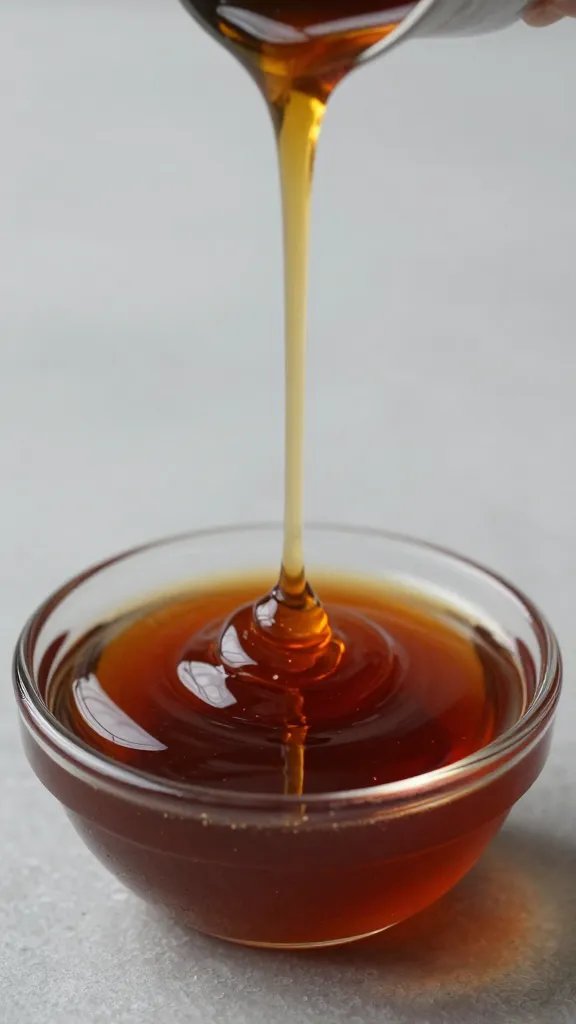 Small bowl of molasses drizzling into sauce
