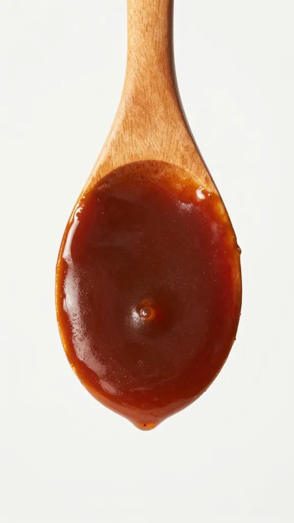 Wooden spoon coated in thickened BBQ sauce