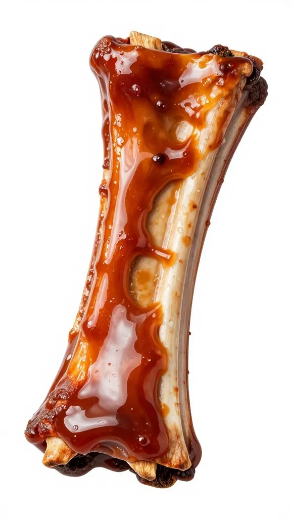 Single rib bone lacquered with shiny BBQ sauce