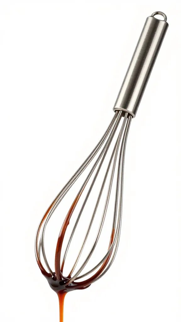 Stainless whisk lifting mahogany sauce ribbons