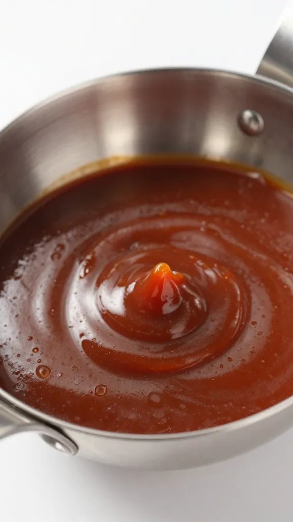 closeup of glossy brightened bbq sauce in stainless ladle