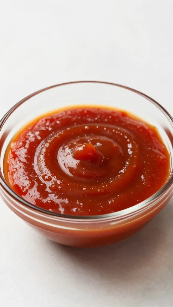 single glass bowl of strained bbq sauce, vibrant red