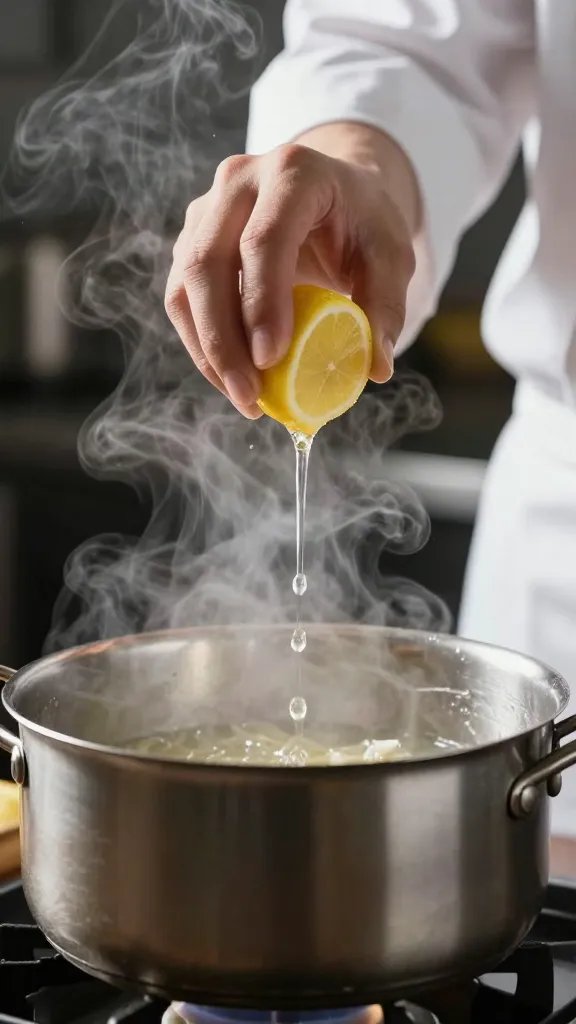 chef hand squeezing lemon over saucepan, acidic steam rising
