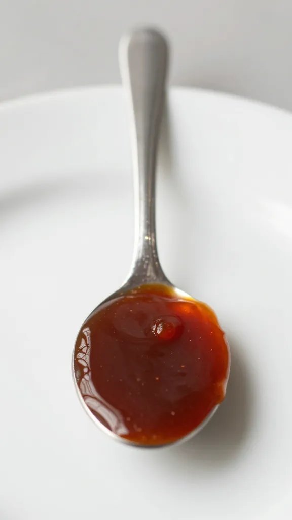 single spoon drizzle of thinned bbq sauce on white plate
