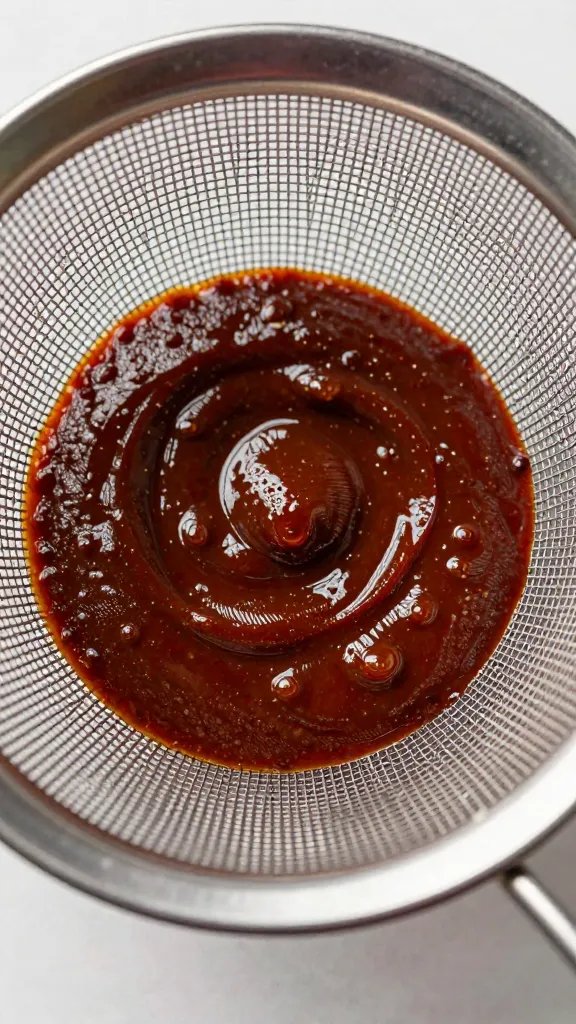 fine-mesh strainer with bbq sauce pulp, overhead macro