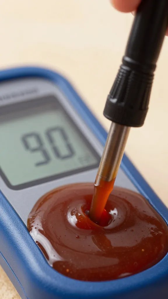 single digital pH meter dipped in bbq sauce, closeup