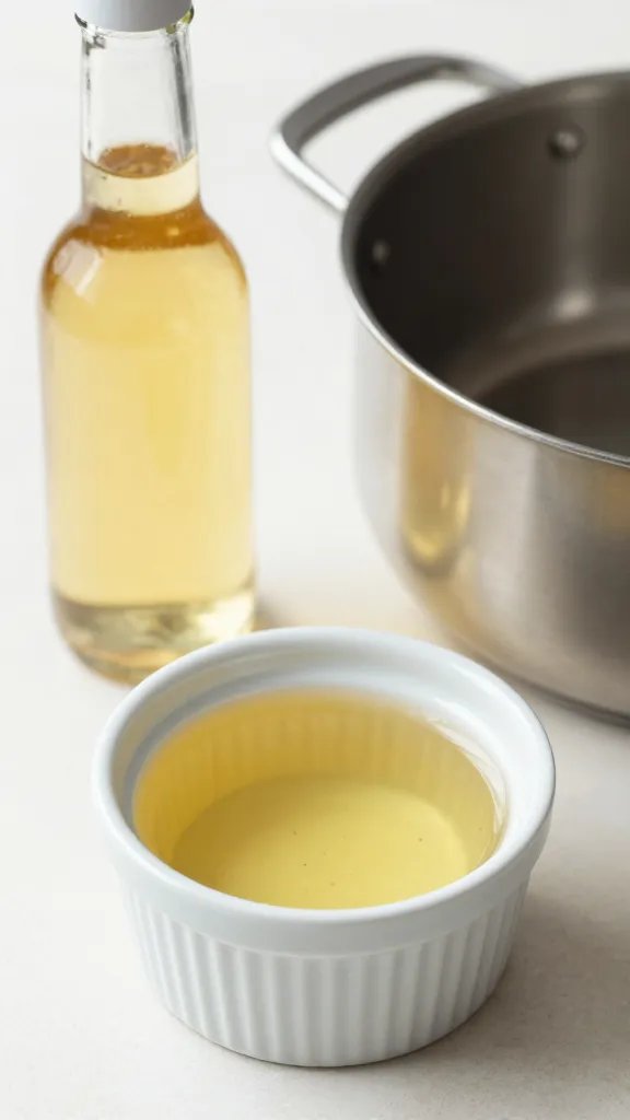 small ramekin of apple cider vinegar beside sauce pot