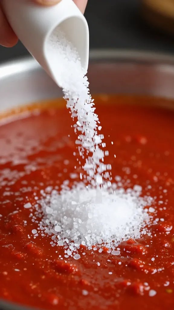 precise pinch of kosher salt falling into red sauce