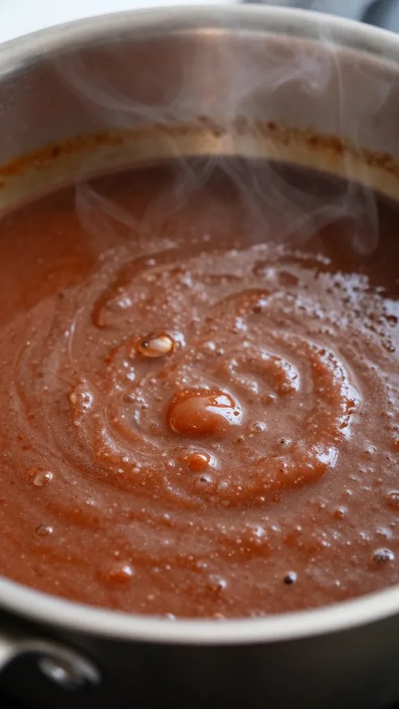 closeup saucepan of simmering bbq sauce, gentle steam