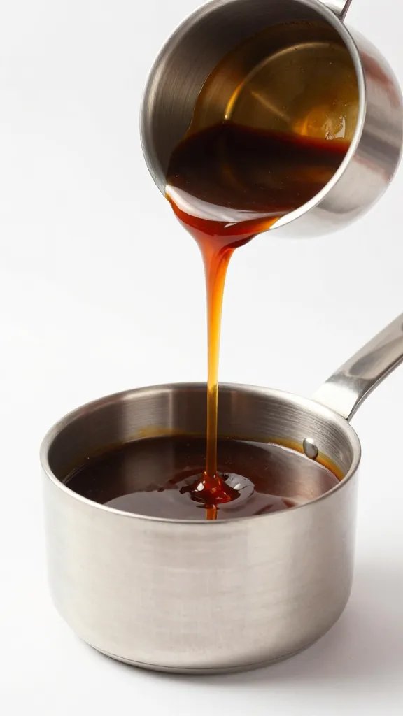 stainless ladle lifting glossy bbq sauce, single drip