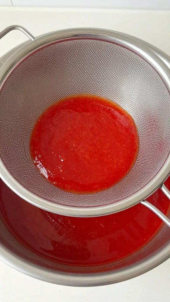 fine-mesh strainer over bowl filtering red sauce