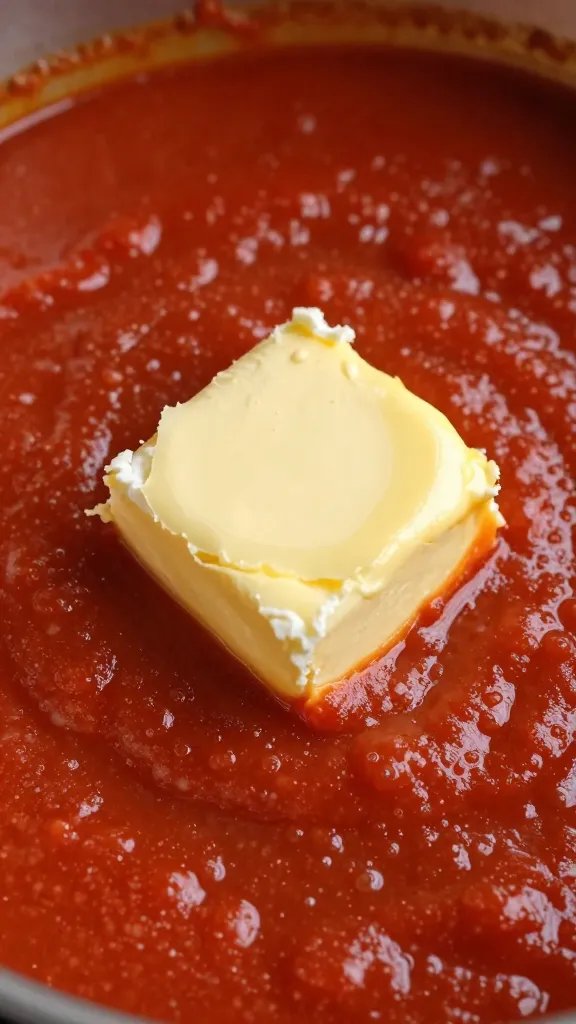 pat of butter melting into red sauce, macro