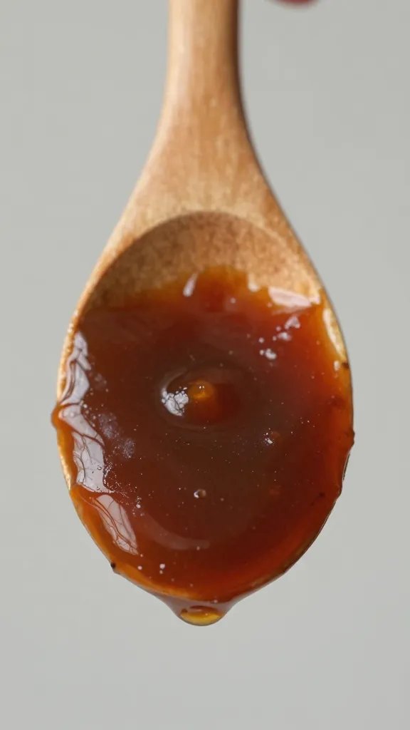wooden spoon coated with glossy sauce, tight closeup