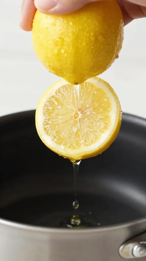 single lemon half being squeezed over saucepan