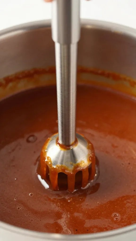 immersion blender tip in pot of bbq sauce, closeup