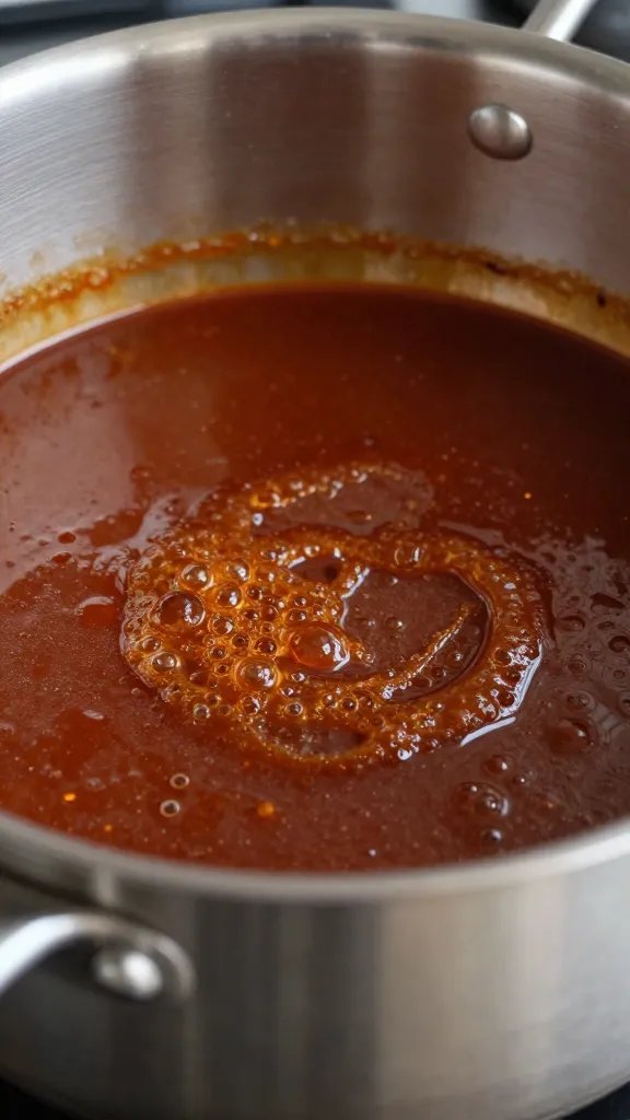 closeup of simmering bbq sauce in stainless saucepan