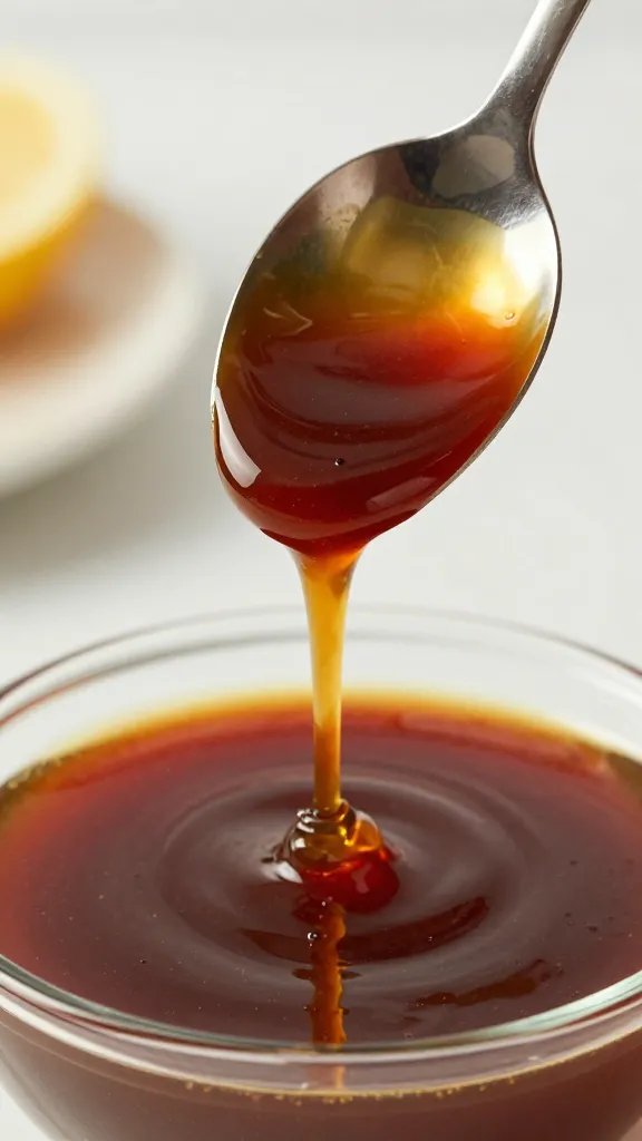 spoon drizzling molasses into glossy bbq sauce