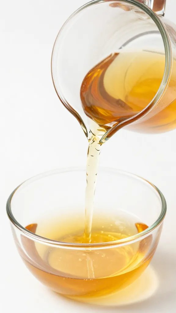 measuring cup pouring apple cider vinegar into sauce
