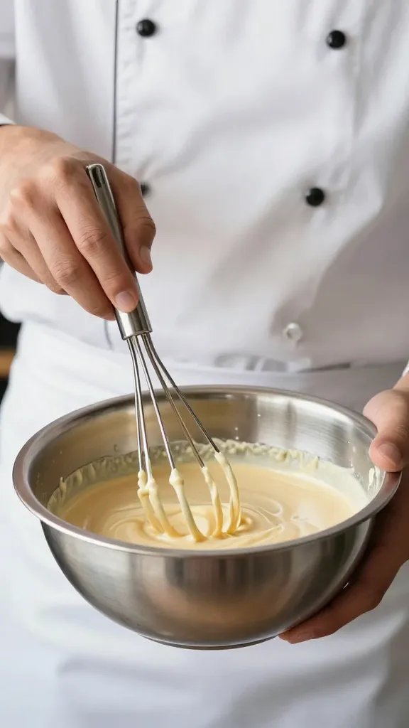 chef’s hand whisking sauce in metal bowl