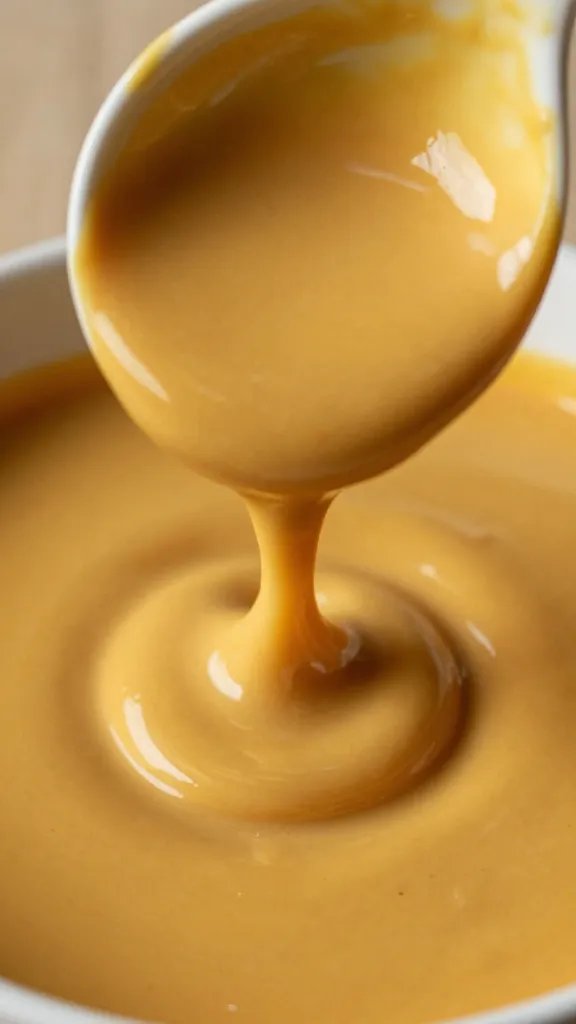 closeup of glossy mustard-heavy bbq sauce in ladle