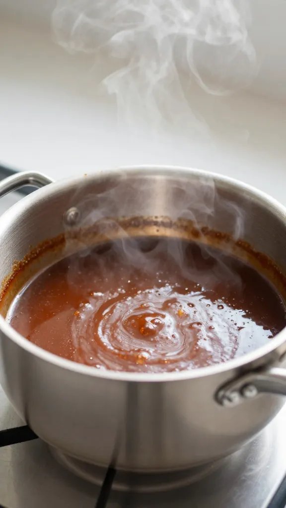 single saucepan simmering bbq sauce, gentle steam rising