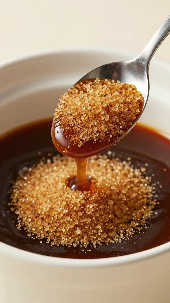spoonful of dark brown sugar over sauce pot