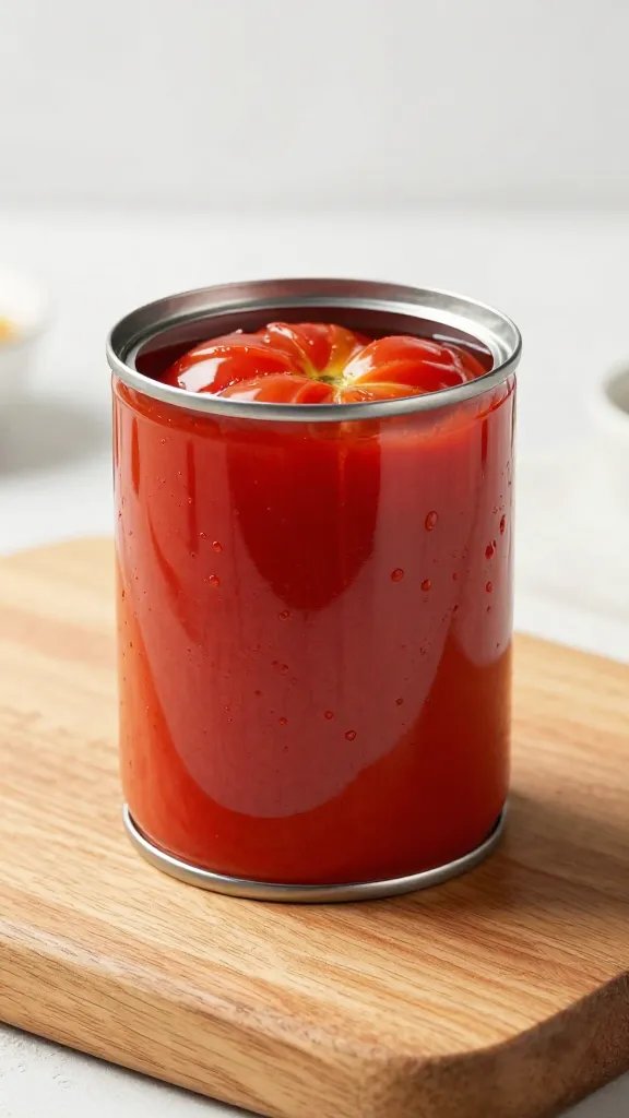 single can of crushed tomatoes on butcher block