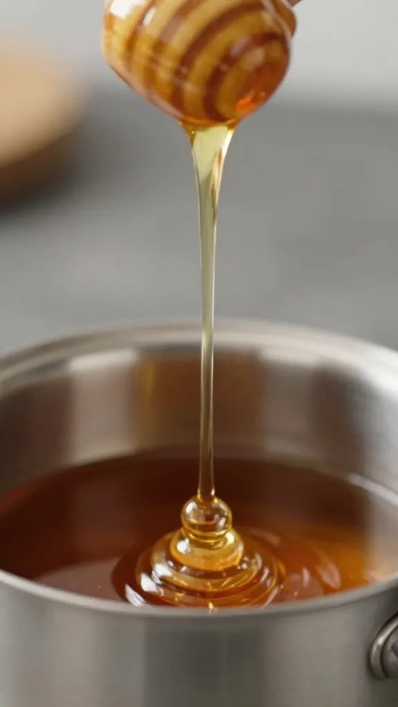 drizzle of honey pouring into sauce pot, closeup