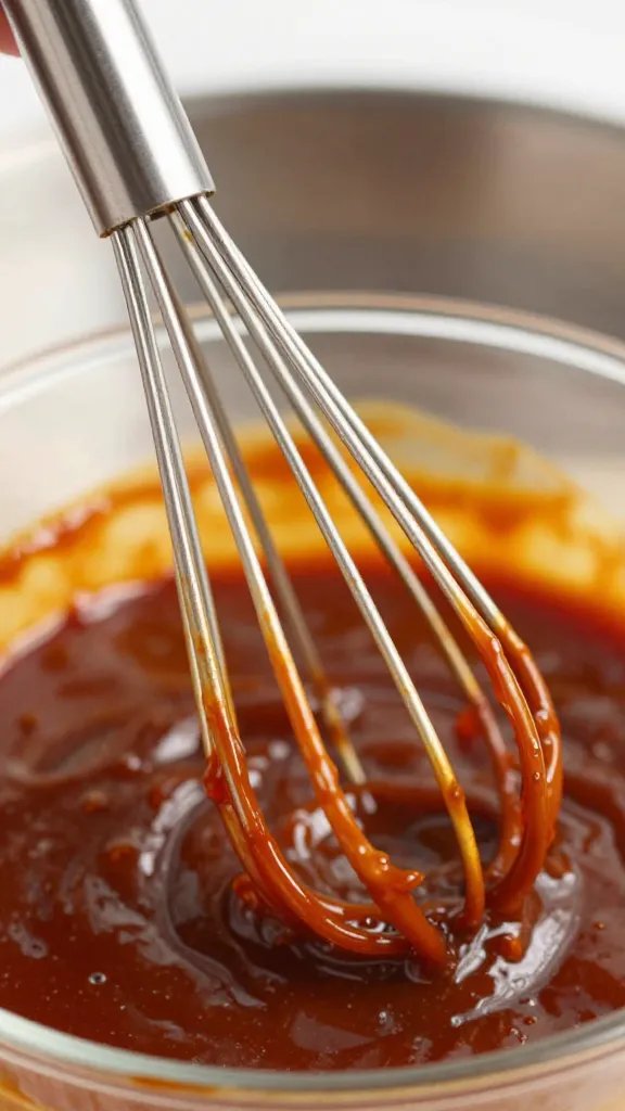 stainless whisk coated in thick bbq sauce