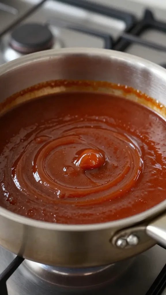 closeup saucepan of glossy bbq sauce on stovetop