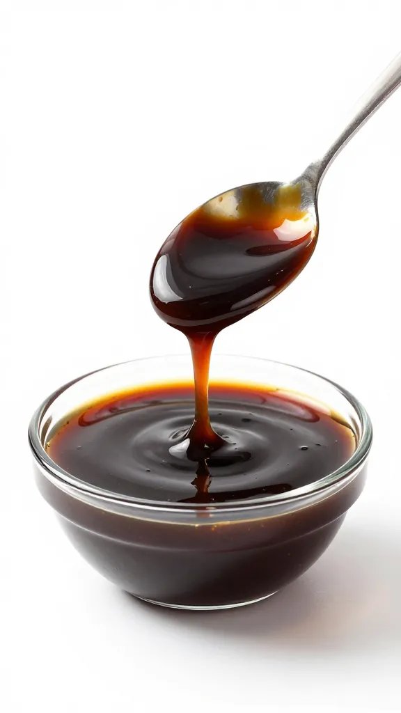 spoon dipping into dark bbq sauce, studio lighting