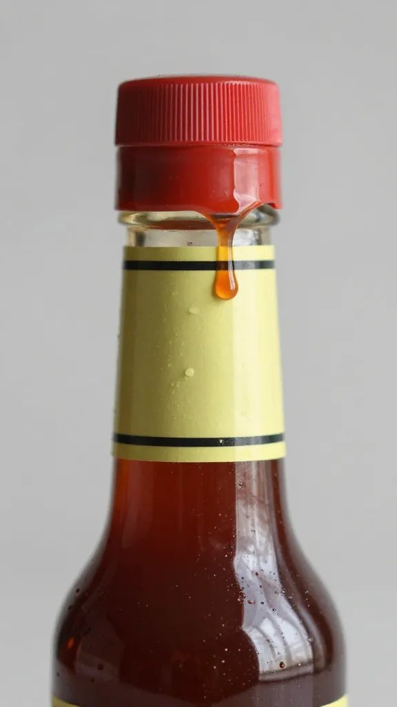 Worcestershire sauce bottle neck with drips, macro