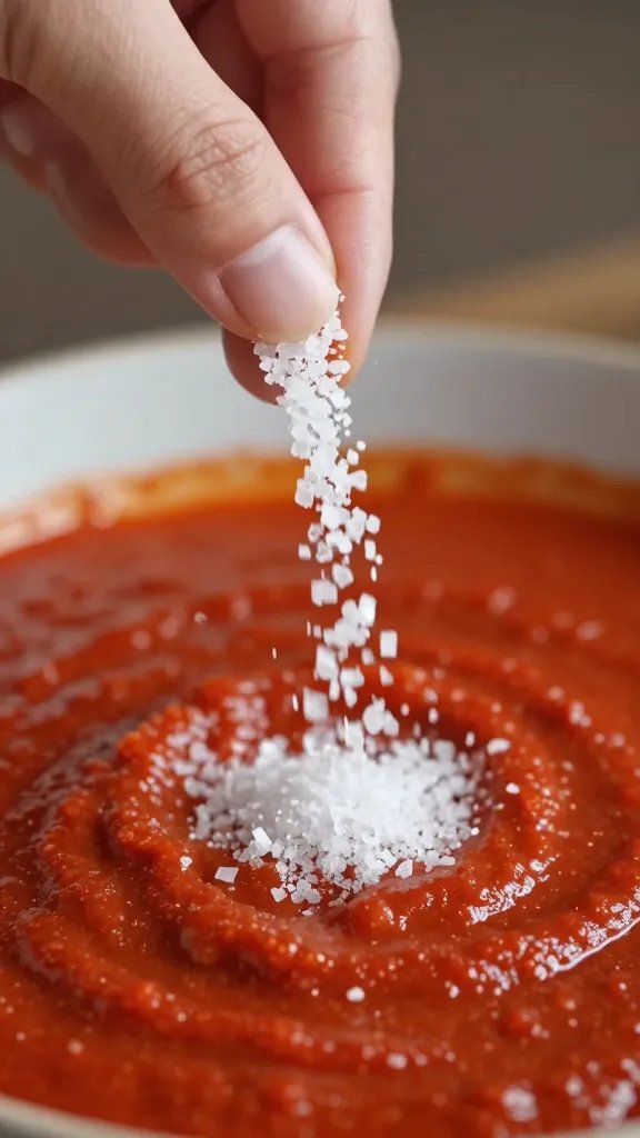 pinch of kosher salt falling into red sauce, closeup