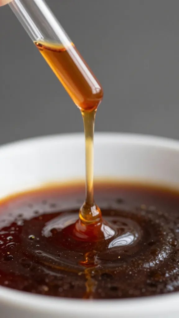 dropper adding liquid smoke to sauce, macro shot
