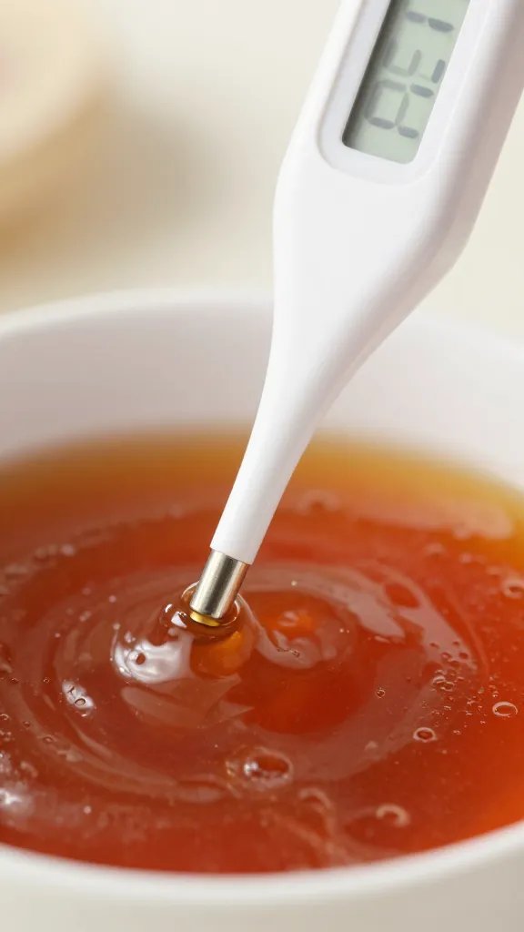 digital thermometer tip in warm sauce, macro