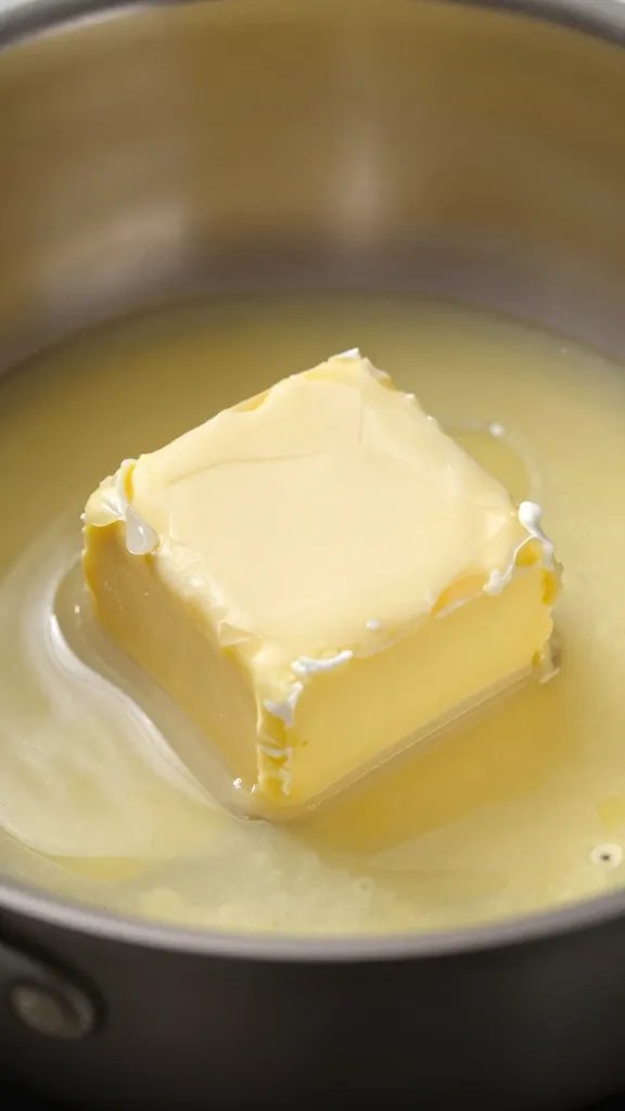 closeup of unsalted butter melting in saucepan
