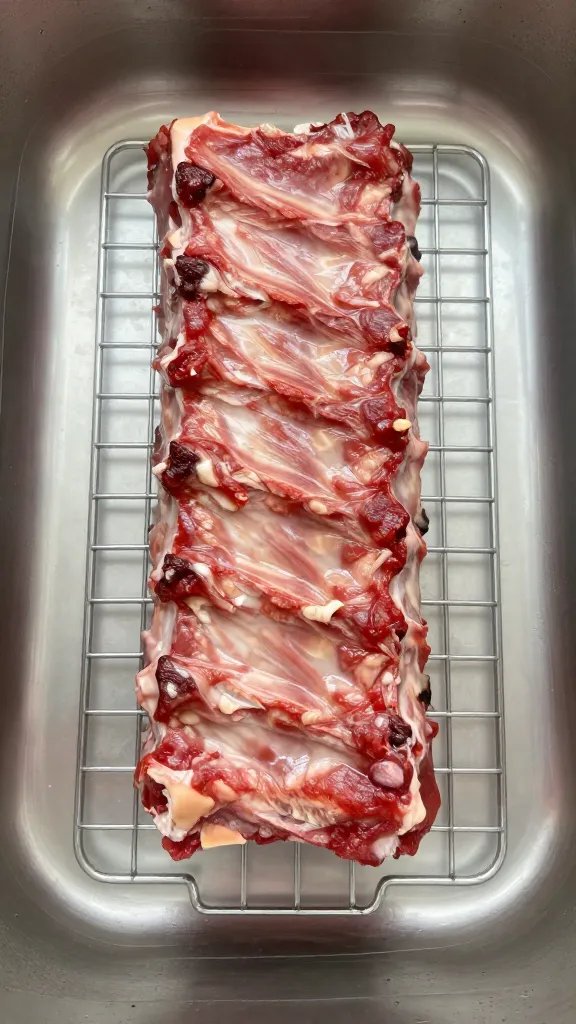 single rack of ribs soaking in clear water