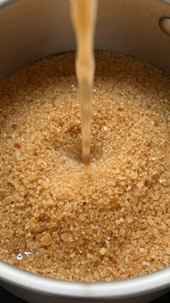 closeup of brown sugar dissolving in saucepan