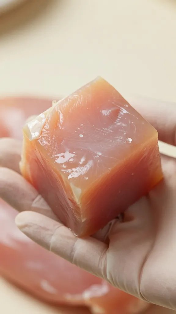 gloved hand cubing raw chicken breast, macro detail
