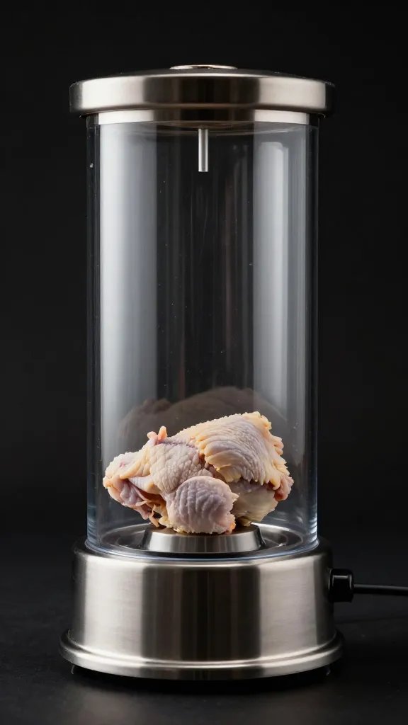 single vacuum tumbler drum with chicken visible inside