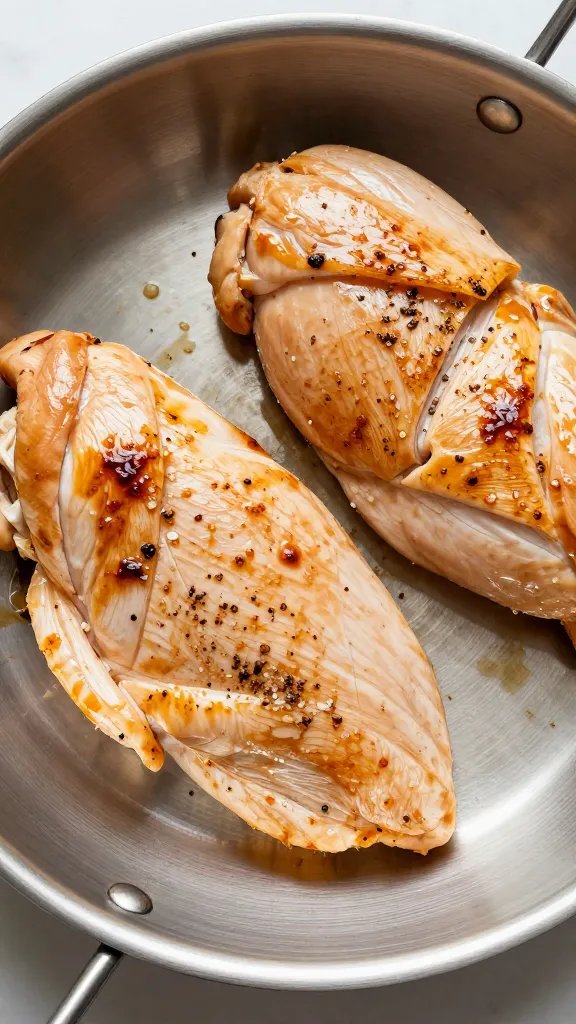 stainless hotel pan of salted chicken breasts, overhead closeup