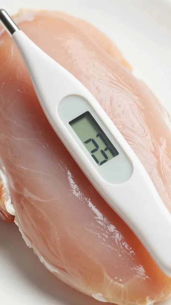 instant-read thermometer inserted in chicken breast, macro