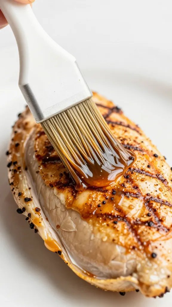 basting brush glazing one grilled chicken breast, closeup
